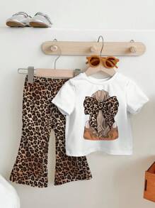 SHEIN 2 件套年轻女孩休闲豹纹蝴蝶结卡通图案圆领短袖上衣和喇叭裤夏季服装 - 彩色 - 查看 2