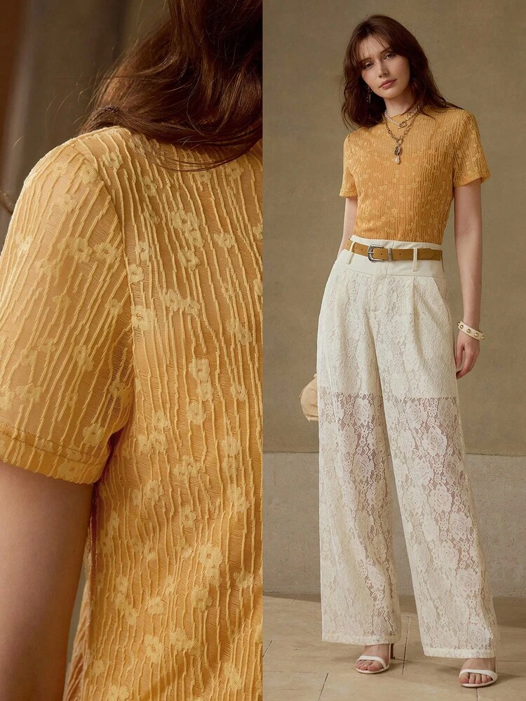 LACE FOLD PLEATED WIDE LEG SEMI-SHEER PANTS WITHOUT BELT