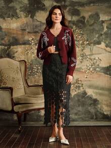 Anewsta 镶钻针织开衫，优雅别致，时尚有型，适合秋季、冬季、新年、圣诞节、外出穿着 - 酒紅色 - 查看 6