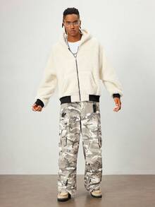 ROMWE MEN Casual Men's Loose Fit Hooded Jacket In Plush Fabric , Fall Winter - White - View 7