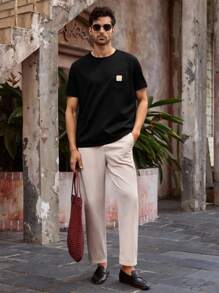 Manfinity VCAY 日常休闲印花男士华夫格纹黑色圆领修身短袖T恤 男士黑色T恤 男士夏季T恤 男士纹理T恤 男士针织T恤 男士休闲T恤，图案男士T恤，学校，返校，7月4日，美国T恤，学校，趣味T恤，基础款上衣 - 黑色 - 查看 3