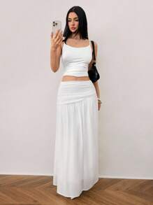 SHEIN Tall 女士休闲通勤简约纯色百褶腰裙 - 白色 - 查看 6