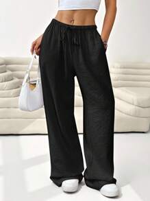 SHEIN EZwear 大码女式休闲纯色抽绳腰宽松阔腿裤 - 黑色 - 查看 7