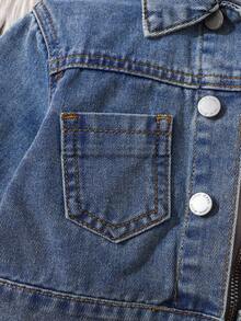 SHEIN 男婴冬季时尚休闲柔软可爱拼接针织连帽多口袋宽松牛仔外套，休闲百搭，适合秋冬季日常穿着和街头服饰，也适合宝宝万圣节和圣诞节穿着。 - 中等水洗藍 - 查看 5