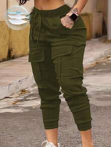 EMERY ROSE Plus Size Solid High Waisted Drawstring Hem Cargo Pants - Green - View 1