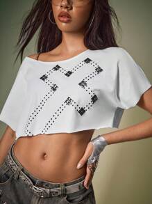 Shutterstock Y2Kool White, Casual, Loose, Punk, Goth, Cross, Chain Decor Women Cropped Oversized Asymmetric Crew Neck T-Shirt, Suitable For Summer Off The Shoulder Top Party Top - White - View 7
