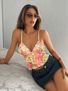 SHEIN ICON Áo hai dây ngắn họa tiết hoa bất đối xứng cho kỳ nghỉ hè của phụ nữ - trái cam - Xem 3