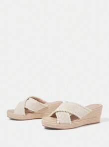 Styleloop 波西米亚风格女士坡跟厚底编织一脚蹬鞋 - 米色 - 查看 11