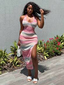 女性用繽紛漸層露肩高衩浪漫休閒度假裙 - 彩色 - 查看 4