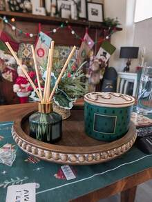 SHEIN 1PC Decor 12in Round Tray For Home Decor- Brown Wood Beaded Tray- Decorative Round Tray For Living Room Decor Coffee Table Decor Kitchen Table Decor Or Farmhouse Serving Tray