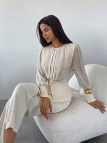 Firerie 女士优雅秋冬百搭办公室通勤商务休闲纯色浪漫褶皱 A 字形圆领长袖褶皱设计优雅雪纺衬衫/褶皱上衣，教师工作/度假/商务休闲女士/教师/返校/教师/轻盈舒适工作/办公室女士 - 白色 - 查看 7