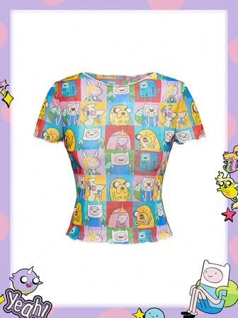 Adventure Time X ROMWE Damen Sheer Mesh Cartoon Patchwork Muster Kurzarm Top mit Wellensaum