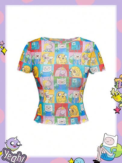 Adventure Time X ROMWE Women Sheer Mesh Cartoon Patchwork Print Short Sleeve Lettuce Trim Top