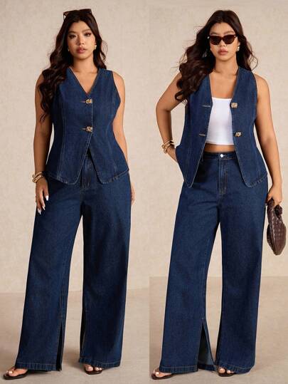 Elaquor Women's Plus Size Dark Blue Denim Two-Piece Set Gold Button Sleeveless Vest Suit High Waist Wide Leg Pants Old Money Style Outfit,Fall Clothes For Women Business Casual Outfits Women