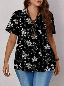EMERY ROSE Floral Print Casual Loose Plus Size Women Short Sleeve T-Shirt, Suitable For Summer,Flower/Vacation/Spring - White - View 4