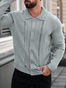 Manfinity Homme Cardigan Rajut Kasual Pria Lengan Panjang Warna Polos Kancing Tunggal Berlubang - MultiWarna - View 4