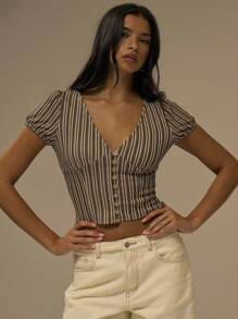 MUSERA V 领泡泡袖条纹纽扣修身上衣秋季可爱休闲干净女孩街头服饰节日乡村复古秋季秋季农舍