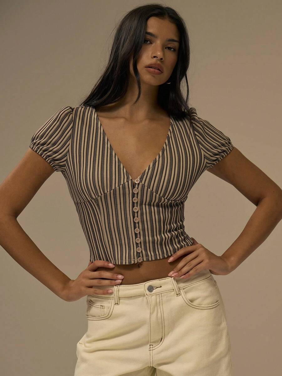 MUSERA V 领泡泡袖条纹纽扣修身上衣秋季可爱休闲干净女孩街头服饰节日乡村复古秋季秋季农舍