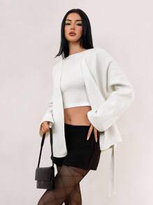 SHEIN Tall 女式简约纯色前开插肩大衣白色系带前上衣裹身开衫女式开衫白色开衫系带前开衫曲线开衫秋冬 - 白色 - 查看 5