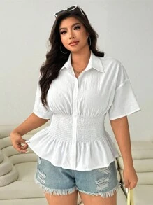 Solflare Women's Plus Size White Summer Silky Smart Casual Everyday Shirred Solid Button Up Shirt,Business Casual Long Sleeve Simple Top Comfort - White - View 4