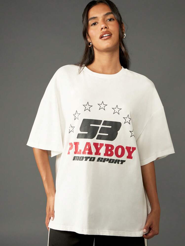 Missguided x Playboy Motorsport Graphic Oversized T-Shirt With Stars Racing Logo Print Streetwear Festival Fashion Statement Tee Retro Aesthetic Casual Top Car Racing