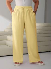 SHEIN EZwear Yellow Casual Loose Waist-Tie Plus Size Women Long Pants, Spring/Summer - Yellow - View 4