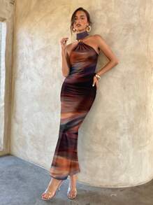 Aloruh Seksowna asymetryczna sukienka maxi z nadrukiem tie-dye na całej szerokości, damska, elegancka, seksowna, z metalową klamrą, z wycięciem, dopasowana, czarna, dzianinowa, elastyczna, odpowiednia na lato, wakacje, imprezę, jesień, weselna, na przyjęcie, elegancka sukienka, sukienka na imprezę