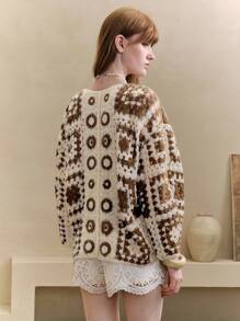 Revavyn 女士钩针几何图案落肩宽松针织开衫，女士度假装扮，女士沙滩装扮，女士外出上衣，女士夏威夷装扮，女士服装，女士邮轮装扮，沙滩装，女士度假装，女士和服秋季服装，女士秋季穿搭，秋季服装 - 咖啡棕 - 查看 3