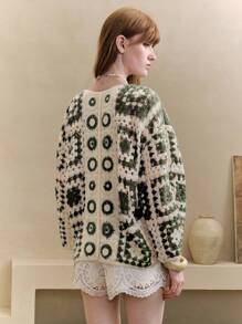 Revavyn 女士刺绣开衫、钩针针织毛衣、外套 - 墨綠色 - 查看 3