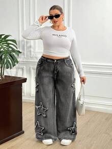 Truni Awkwardfatgirl Plus Size Women Frayed Edge Star Pockets Wide Leg Loose Casual Jeans, For Pear Triangle Body Shape - Black - View 7