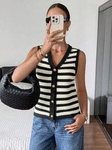 SHEIN Frenchy Women's Casual Fashionable Versatile Striped Button-Front Knit Sweater Vest Knit Top Sweater Tank Top Women Sweater Vest For Women Knitted Top Striped Knit Vest Women Knit Vest ,Suitable For Daily Commuting. Autumn Layering, Autumn And Winter New Arrivals.,For Everyday Wear And Back To School, Fall Women Clothes,Cute Tops,Going Out Tops Women,Old Money Style Women,Homecoming Sweater ,All-Season - Multicolor - View 2