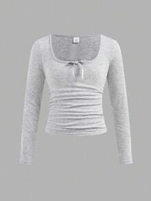 2pcs/Set Vintage Square Collar Solid Color Fitted Long Sleeve T-Shirt With Bow Decor, Versatile Autumn/Winter Fall Girls Tight Tops - Multicolor - View 9