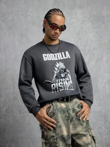 GODZILLAxKONG X SHEIN 男式字母与怪物图案圆领长袖套头衫 - 深灰色 - 查看 6