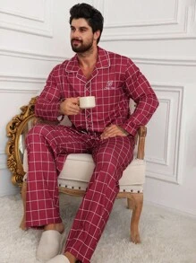 DAZY Men's Plaid Red Pattern Letter Embroidery Loungewear Set, Autumn Pajama - Red - View 6