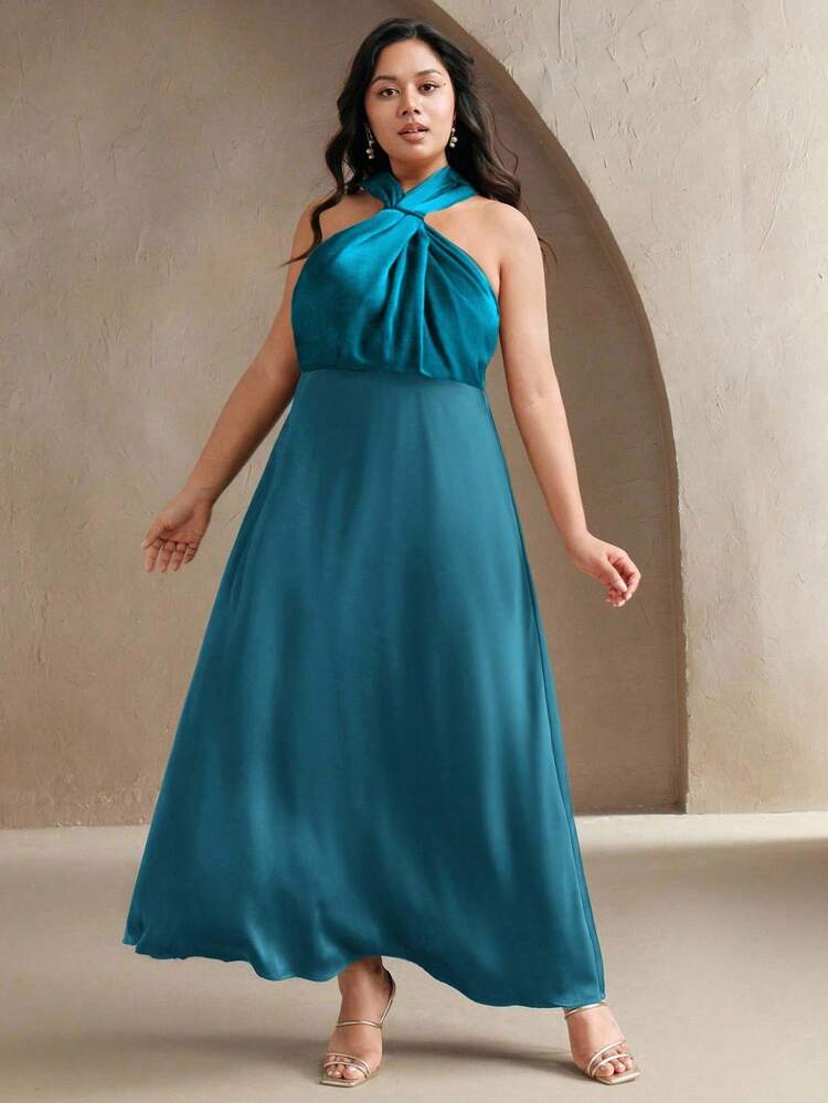 Plus Size Elegant Green Halter Neck Ruched Waist A-Line Swing Maxi Dress, High-End Slimming Cocktail Party Dress For Women Suitable For Birthday, Holiday, Casual, Elegant, Festival, Wedding Guest