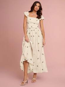 Enchnt 浪漫优雅的杏色花卉刺绣连衣裙，是秋冬季节的完美之选。甜美优雅，适合度假、约会、节日、派对、海滩、舞会、夏日连衣裙以及秋季女装穿着。