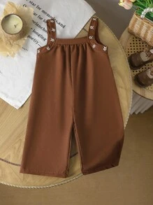 SHEIN Vintaside Kids 女婴针织提花高领长袖上衣和编织花卉刺绣围兜连体衣秋季服装套装，秋冬 - 巧克力棕 - 查看 6