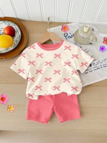 SHEIN Baby Girl Cute Mini Pink Bow Print Casual Short Sleeve T-Shirt & Fitted Shorts Set, Suitable For Spring & Summer - Multicolor - View 3