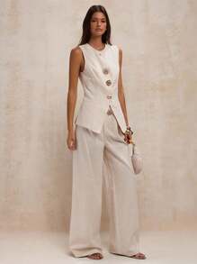 SHEIN BAE 1 件女士纯色前扣圆领无袖西装外套，优雅