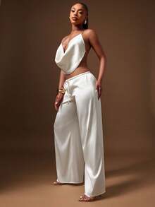 Denimoi Drawstring Waist Satin Wide Leg Trousers Pants Date Night GNO Dinner - White - View 3