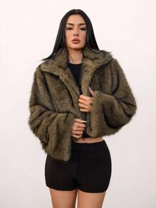 SHEIN Tall 女式复古风格前开仿毛领大衣，冬季时尚外套 - 棕色 - 查看 5