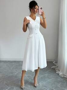 Rafferiza Women's Solid Color Faux Pearl Button Design Sleeveless Elegant Dress - White - View 1
