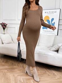 SHEIN 孕妇纯色拱形下摆圆领长袖修身优雅针织连衣裙 - 駝色 - 查看 3