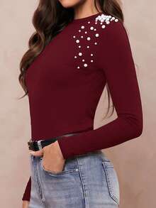 Amorya Women's Knitted Long Sleeve Fitted Elegant T-Shirt With Faux Pearl Decor