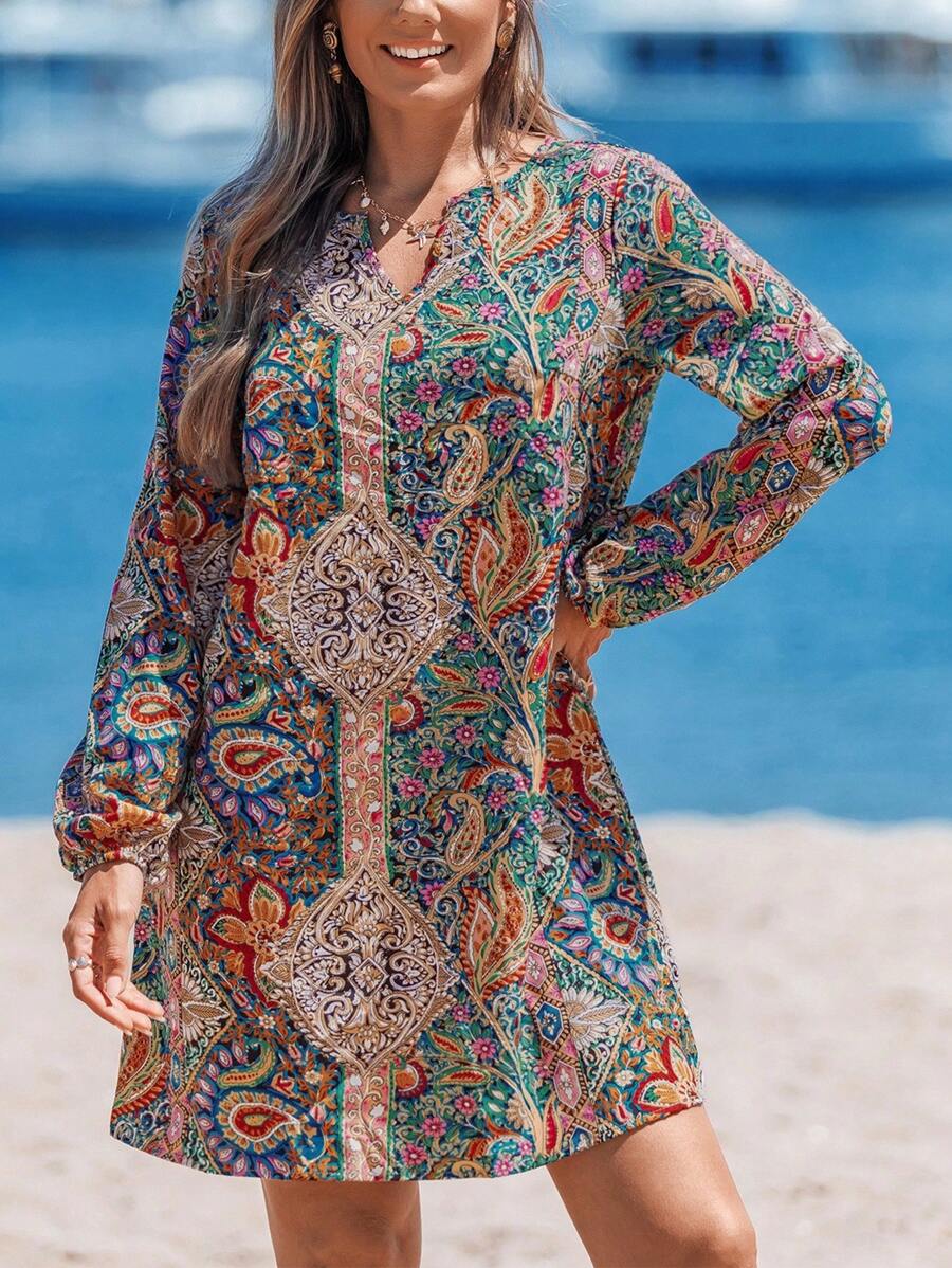 Sylviya Váy tay áo có đường viền cổ chữ V in họa tiết Paisley - Nhiều màu - Xem 1