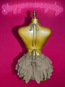 Slaydiva 2 Pieces Set: Sleeveless V-Neck Halter Top + Ruffled Mini Skirt With Bow Decoration, Chic Streetwear Outfit, Suitable For Music Festival, Easter, Graduation Season, Casual Wear, 2025 Spring/Summer New Arrival - Khaki - View 2