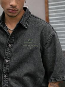 AXEPEAK 翻领短袖宽松短款印花男士衬衫 - 黑色 - 查看 6