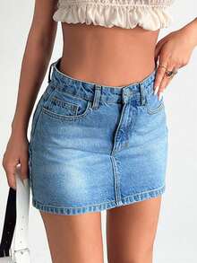 EURMUSE WOMEN HIGH WAIST MINI SKIRT Y2K WASH CASUAL PETITE - Medium Wash - View 3