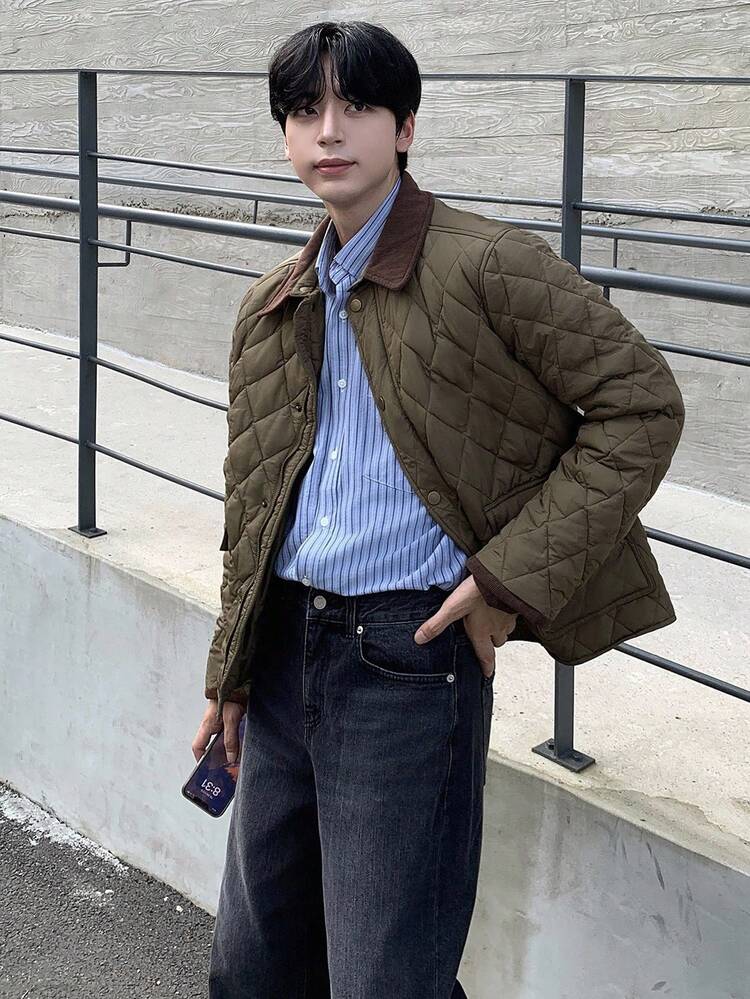 Men's Winter Quilted Padded Coat With Textured Brown Collar, Military Green Jacket