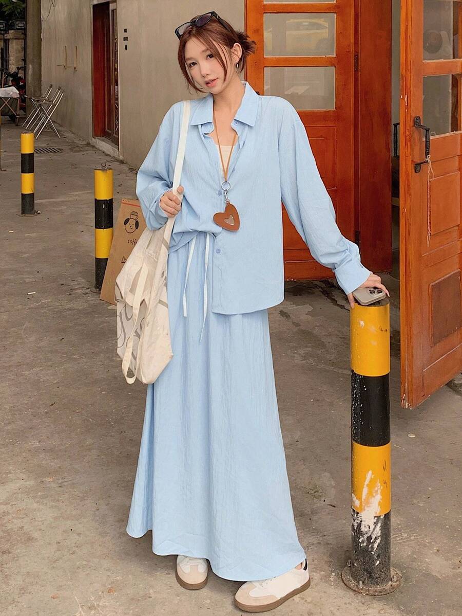 DAZY Conjunto de 2 piezas de camisa y falda de unicolor versátil y casual para mujer